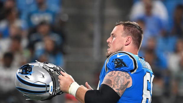 Aug 25, 2023; Charlotte, North Carolina, USA; Carolina Panthers center Sam Tecklenburg (68) on the field in the fourth quarter at Bank of America Stadium. Mandatory Credit: Bob Donnan-USA TODAY Sports  